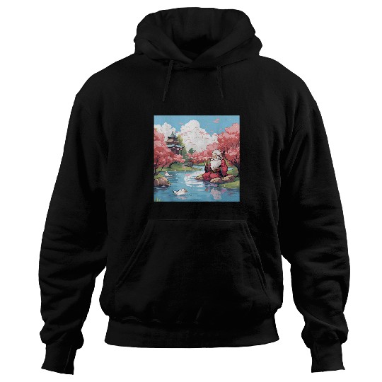 Santa Claus on Holiday Japanese Sakura Pond Garden fed Ducks Hoodies