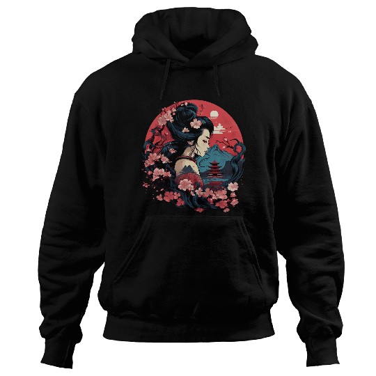 Japanese Geisha With Mount Fuji And Pagoda Cherry Blossom 8 Hoodies