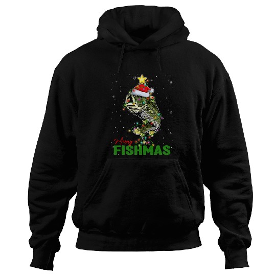Merry Fishmas Fish Santa Claus Hat Christmas Tree Lights Hoodies