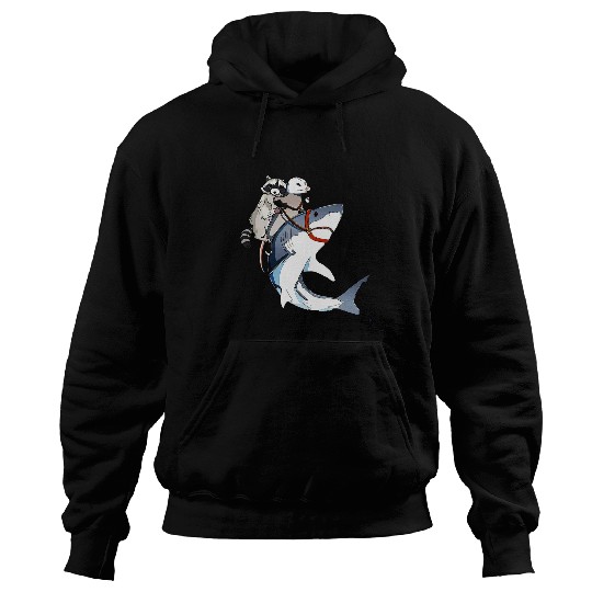 Raccoon Pet And Opossum Riding Shark Hoodies