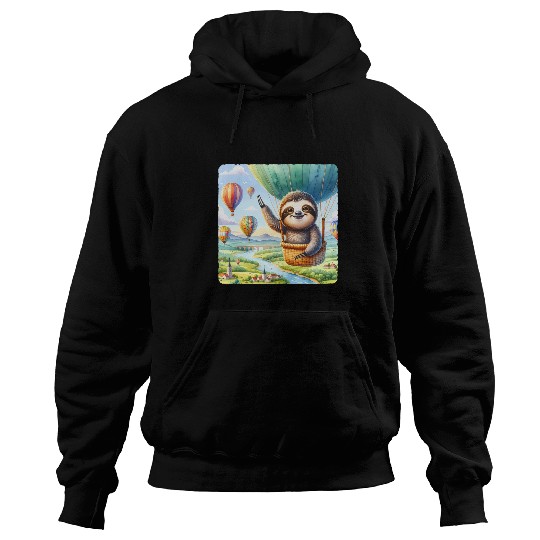 Sloth Pet Piloting A Balloon Sky Landscape Adventure Hoodies