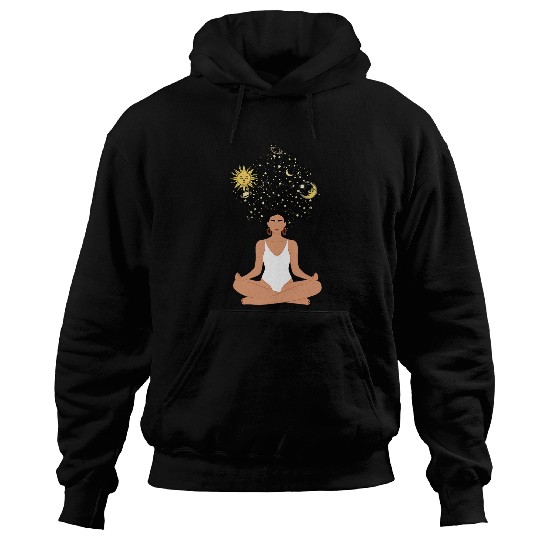 Woman With Stars Sky Sun And Moon Meditating in Lotus Hoodies