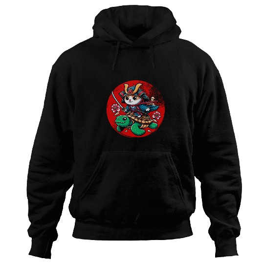 Turtle Pet Japanese Samurai Cat Riding A Turtle Graphic Men Women Kids Hoodies