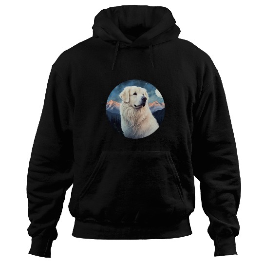 Great Pyrenees Dog Under Moon Snowy Mountain Sunset Hoodies