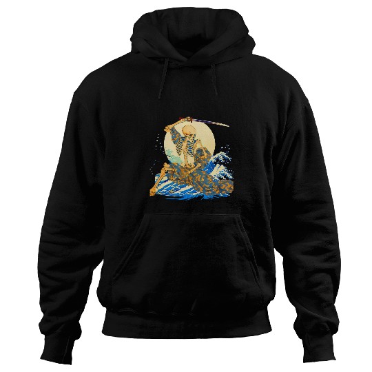 Funny Skeletons Samurai Japanese Grand Wave Ukiyoe Art Ninja Hoodies