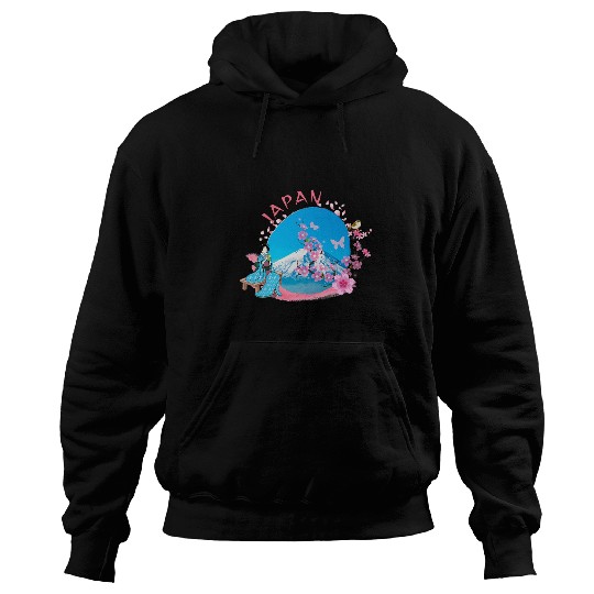 Japan Volcano Blue Lake Pink Cherry Blossom Japanese Geisha Hoodies