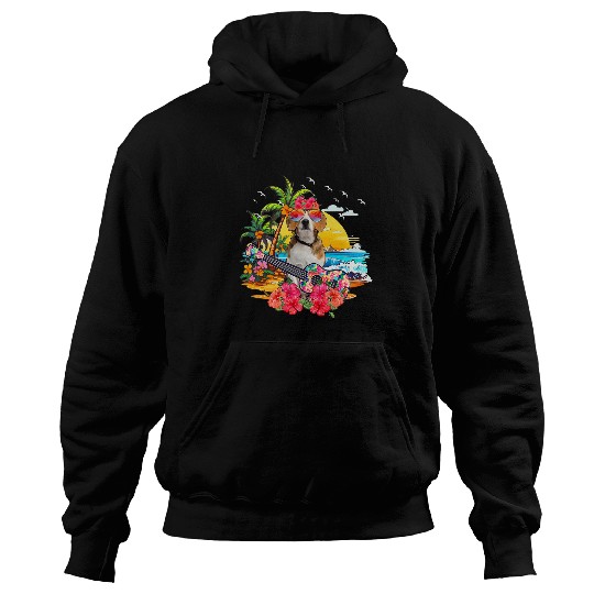 Hawaiian Floral Beagle Sunglasses Playing Guitar On Beach Hoodies