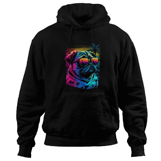 Pug Dog with Sunglasses Vaporwave Synthwave Retrowave Style Hoodies