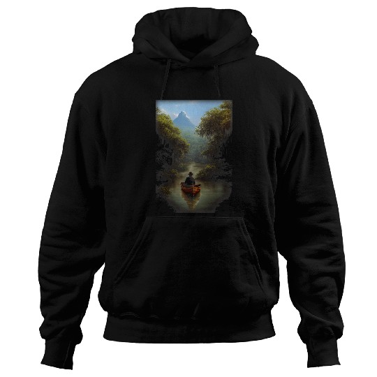 Hyperrealistic Male Traveller Boat Deep On River Nature Hoodies