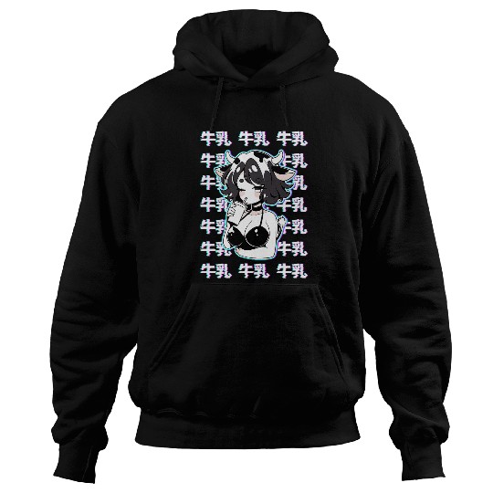 Kawaii Aesthetic Anime Cow Girl Cowgirlss with Milk Kanji Hoodies