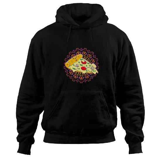 Cute Food Drawing on Mandala Pattern Pizza Kawaii Cat Hoodies