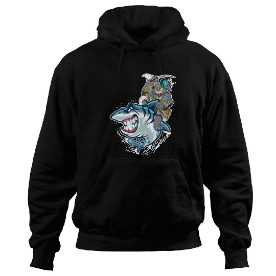 Cat Samurai Riding On Shark Hoodies