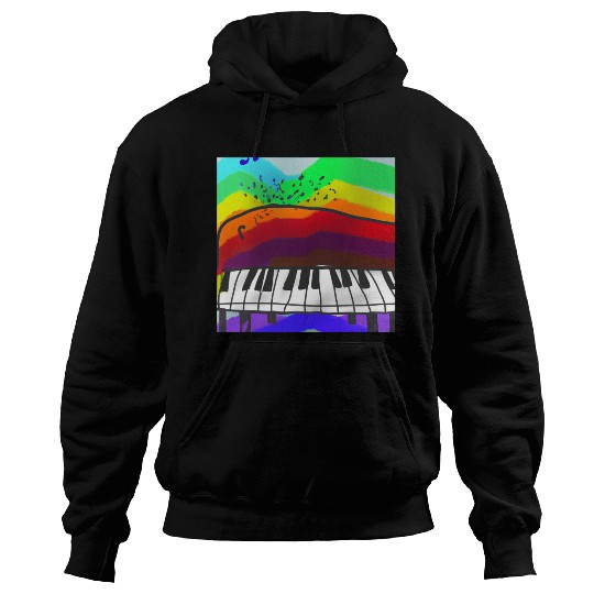 A beautiful piano in front of a colorful rainbow Hoodies