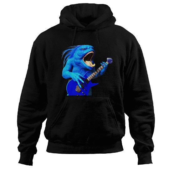 Huge blue creature jamming on an electric guitar. Hoodies