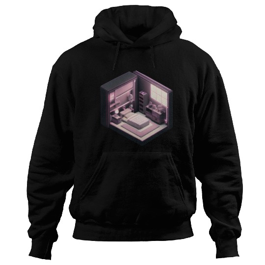 Isometric Voxel Bedroom - Synthwave Future Render Hoodies