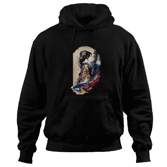 Geisha Watercolor Sea Waves Asian Art Woman Hoodies