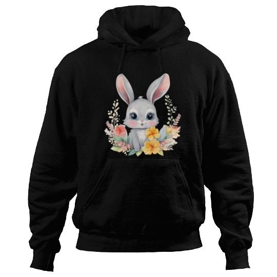 Grey Bunny Rabbit Watercolor Floral Hoodies