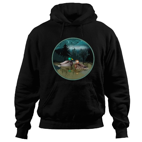 Duck couple in the duck pond at night & moonlight Hoodies
