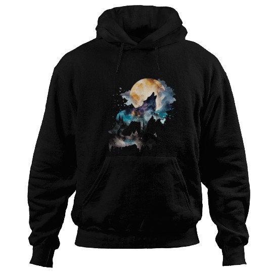 Mountain Wolf Multicolor Watercolor Portrait Hoodies
