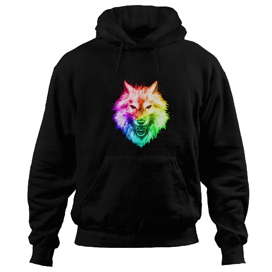 Bright Colorful Wolf Head – Rainbow Howling Wolf F Hoodies