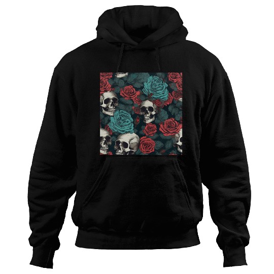 Gothic Skulls & Red Roses Pattern Dark Elegant Hoodies