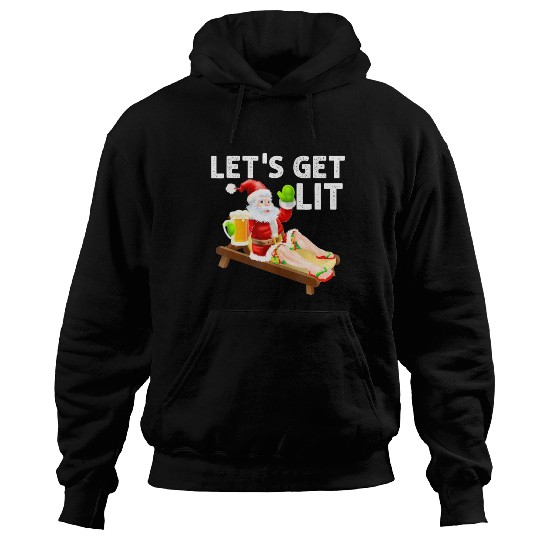 Lets Get Lit Santa Funny Christmas In July Santa Hoodies
