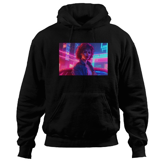 Synthwave Girl - Anime Portrait in Neon Colors Hoodies