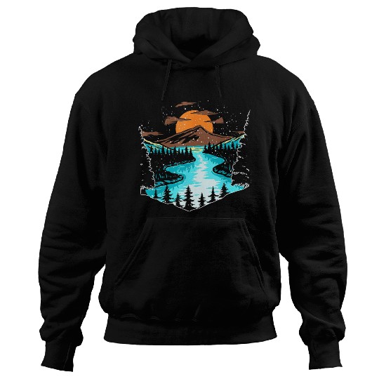 Wildlife Mountain River Outdoor Nature Full Moon Hoodies