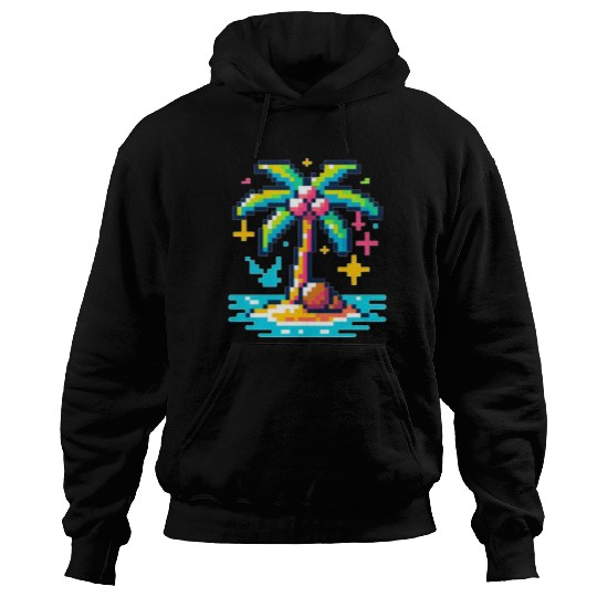Digital Beach Getaway: Pixel Palm Paradise Hoodies