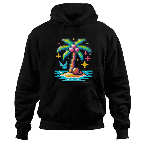 Digital Beach Getaway: Pixel Palm Paradise Hoodies