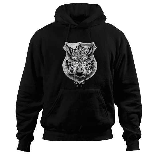 shield with wild boar head - DIGITAL - grayscale Hoodies