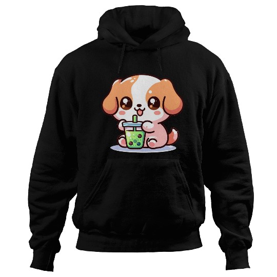 Playful dog with bubble tea Hoodies