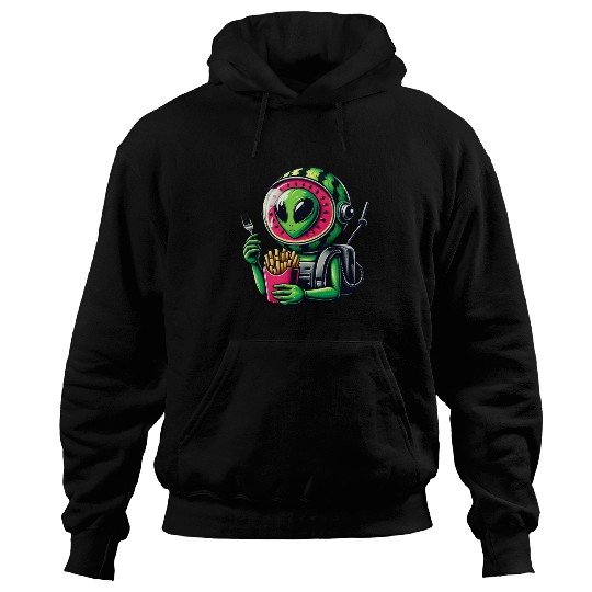 Alien with watermelon helmet eats fries Hoodies