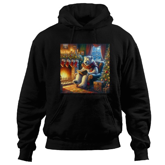 Winter Tales-Merry Cozy Bear Reading by Fireplace Hoodies