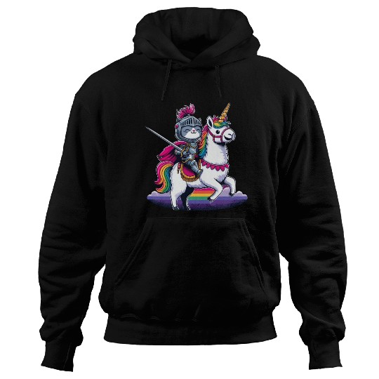 Happy Funny Cat Knight Riding Unicorn Llama Alpaca Hoodies