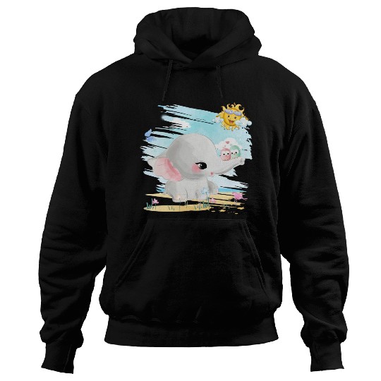 Elephant Walking At Beach With 2 Birds Friends Hoodies