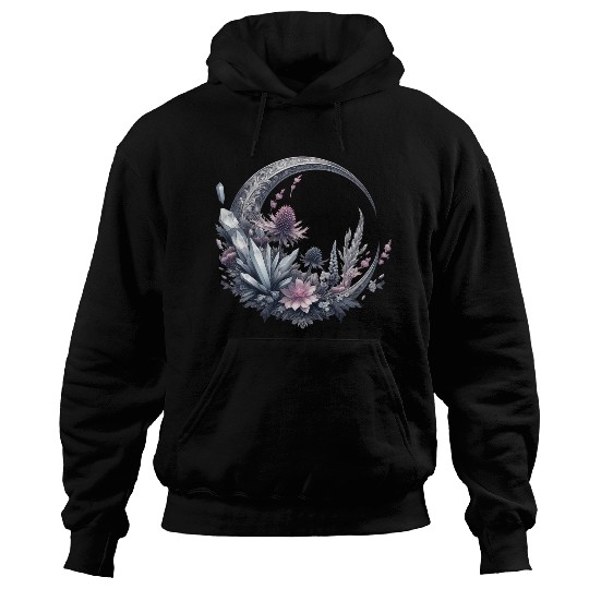 Crescent moon in silver, with crystals and flowers Hoodies