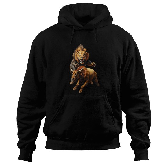 painting of a lion chasing a bull Hoodies