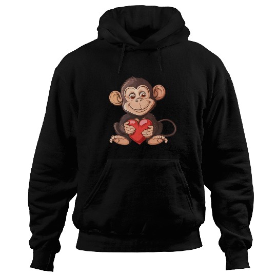 Adorable Monkey Holding A Heart Illustration - Hoodies