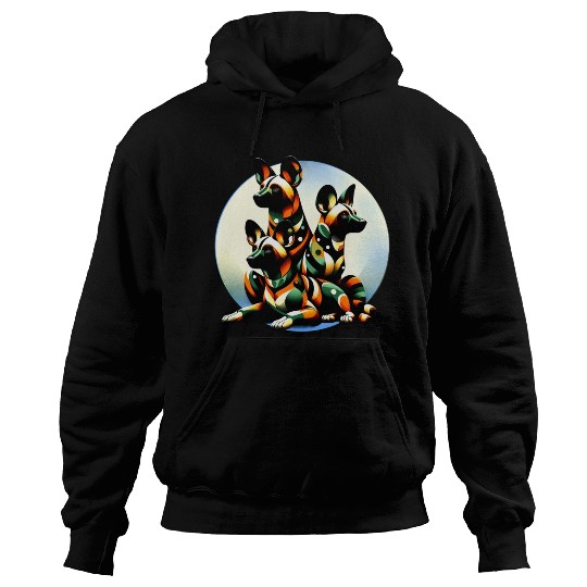African Painted Wild Dogs Moon Art Hoodies