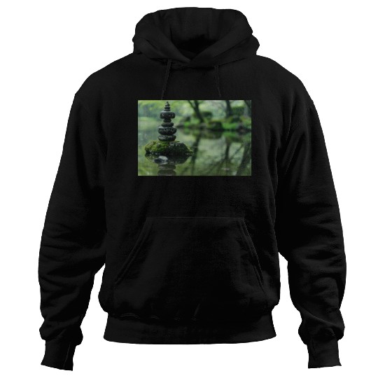 Zen Stone Stack Reflected in Tranquil Pond Hoodies