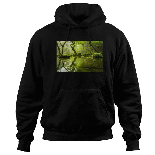 Enchanted Forest Reflections in Tranquil Pond Hoodies