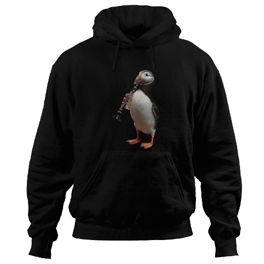 Atlantic Puffin Playing Clarinet Realistic Hoodies
