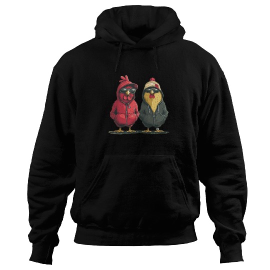 Stylish chickens sporting trendy Hoodies