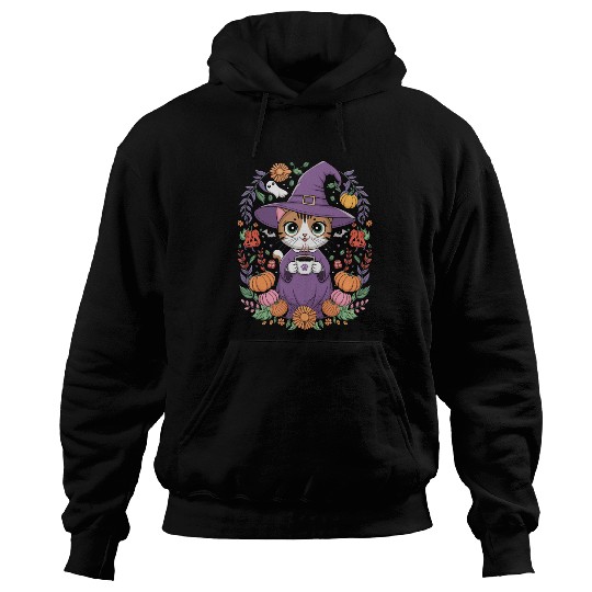 Halloween Cute Witch Cat with Coffee Mug Hoodies