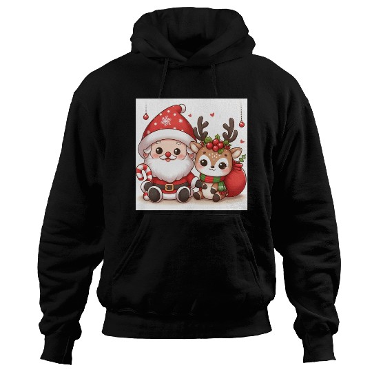 Festive Santa and Reindeer Illustration Hoodies