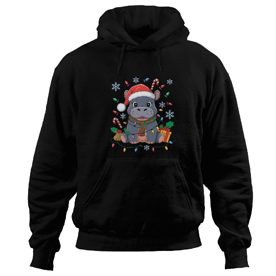 Cute Christmas Hippo - Holiday Lights and Gifts Hoodies