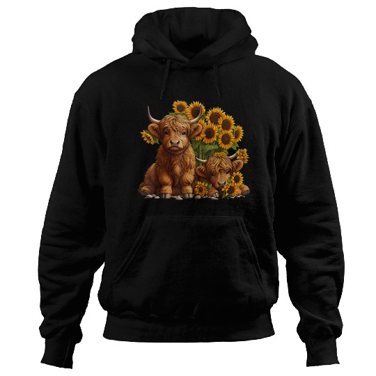 Cute Scottish Highland Cow Sunflower Farmer Hoodies