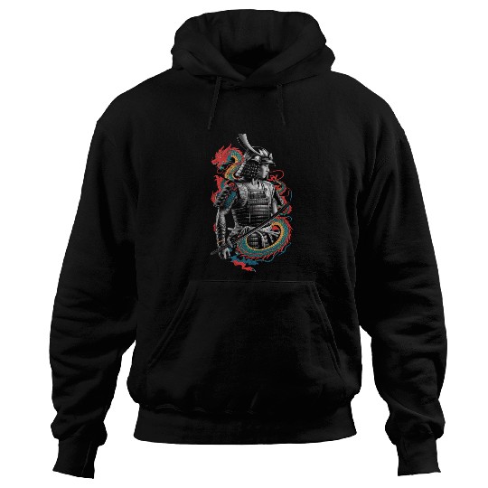Samurai Spirit with Dragon Embrace Art Hoodies