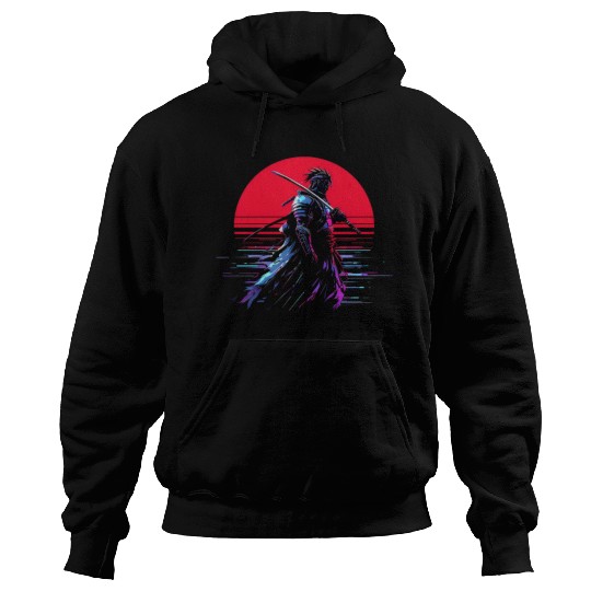 Cyberpunk Samurai Warrior Under Neon Moon Hoodies